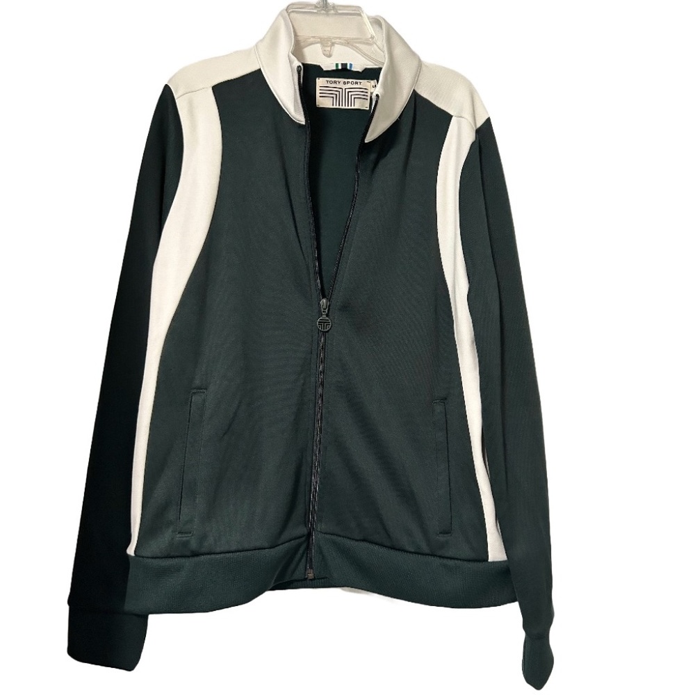 Tory Burch Large Colorblock Track Jacket Green/White Front Zip Pockets